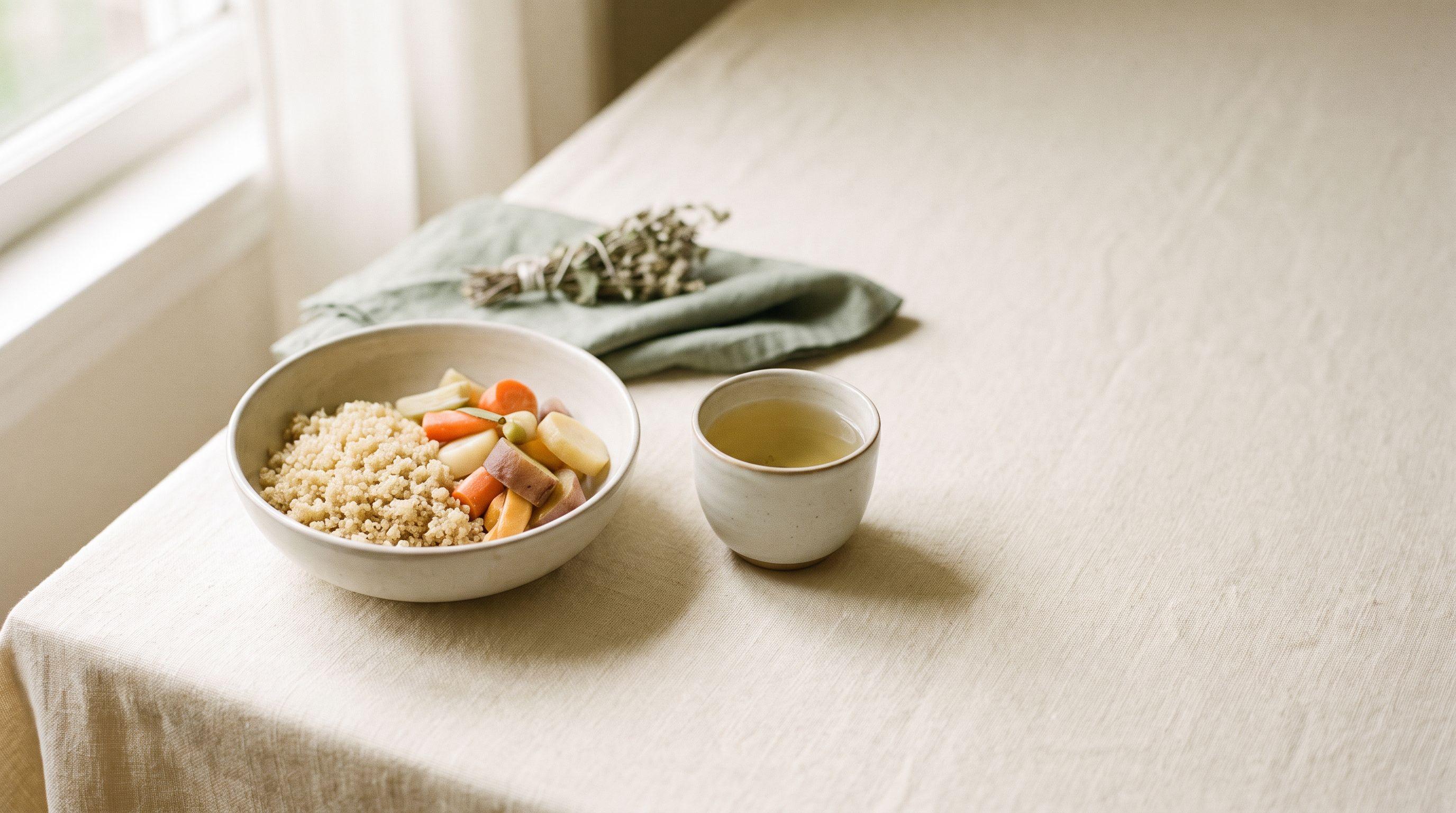 A simple bowl of plain cooked food and a cup of herbal tea on cream linen in soft natural daylight
