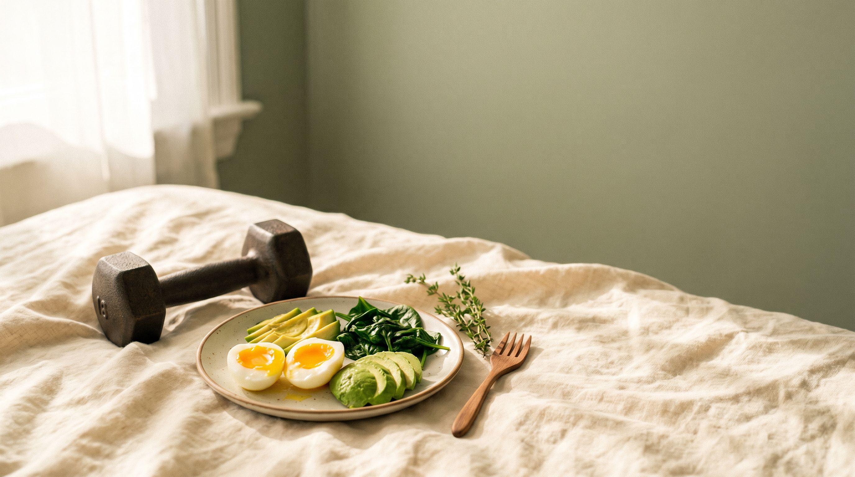 Una mancuerna pequeña sobre lino color crema junto a un plato con huevos y hojas verdes frescas bajo luz natural suave