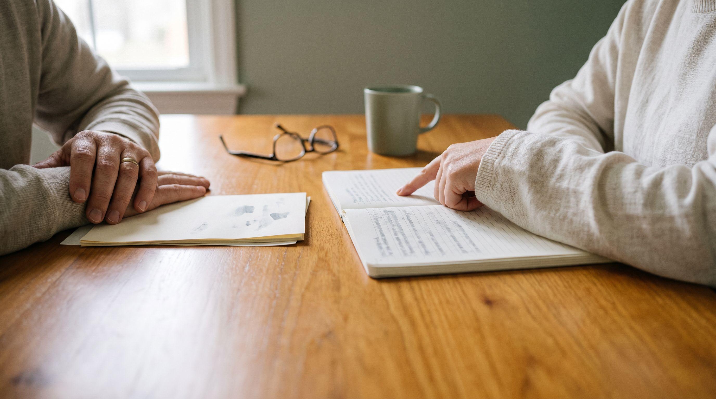 Dos personas revisan análisis impresos y un cuaderno manuscrito sobre un escritorio de madera durante una consulta