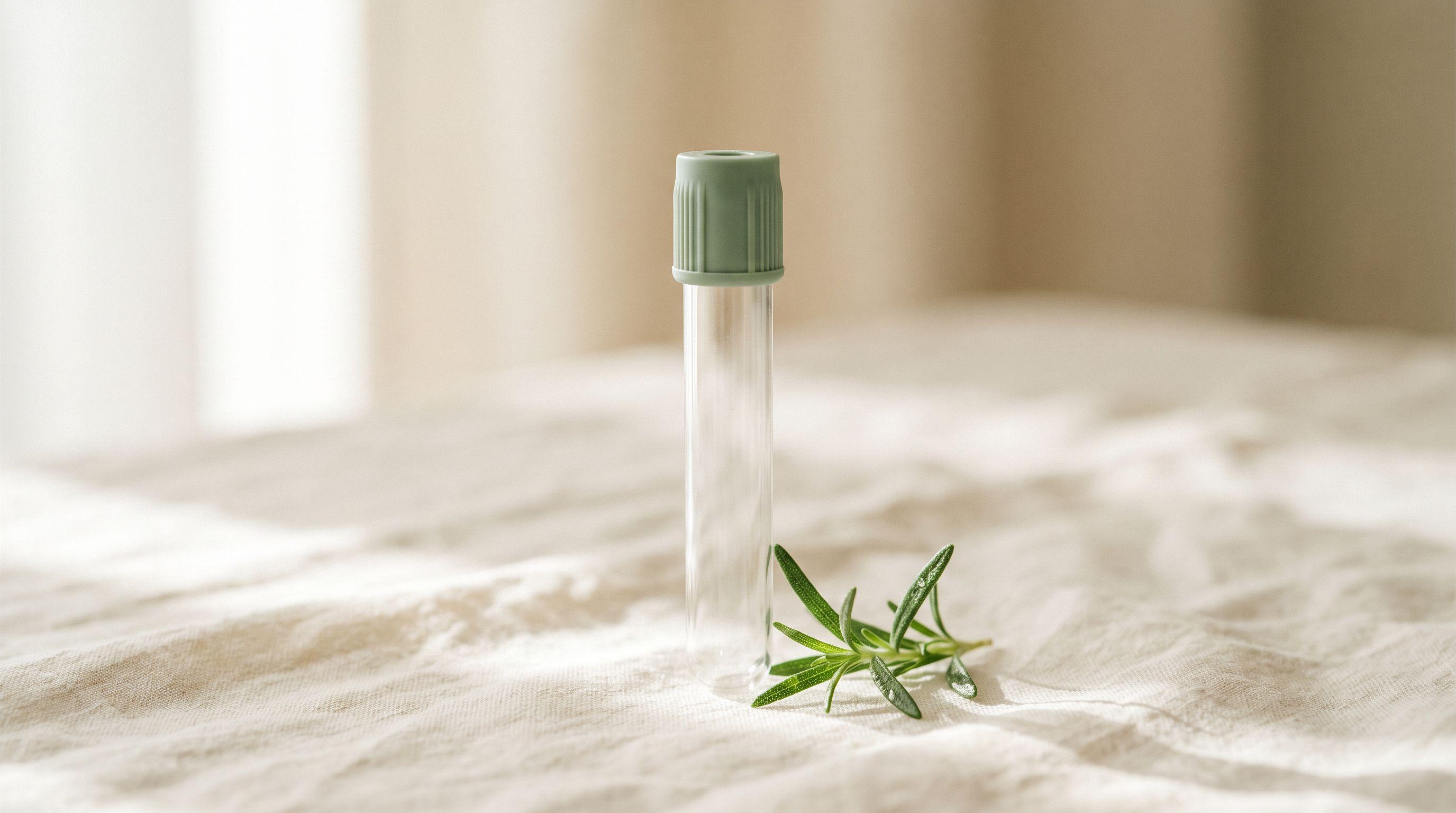 Un tubo de muestra transparente con tapa verde salvia sobre lino color crema, junto a una ramita de hierbas frescas