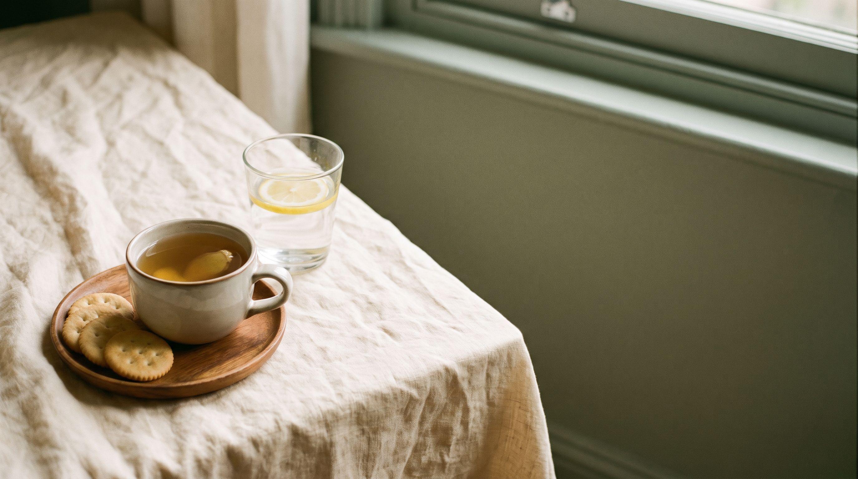 A cup of ginger tea and plain crackers beside a glass of water on cream linen in soft daylight