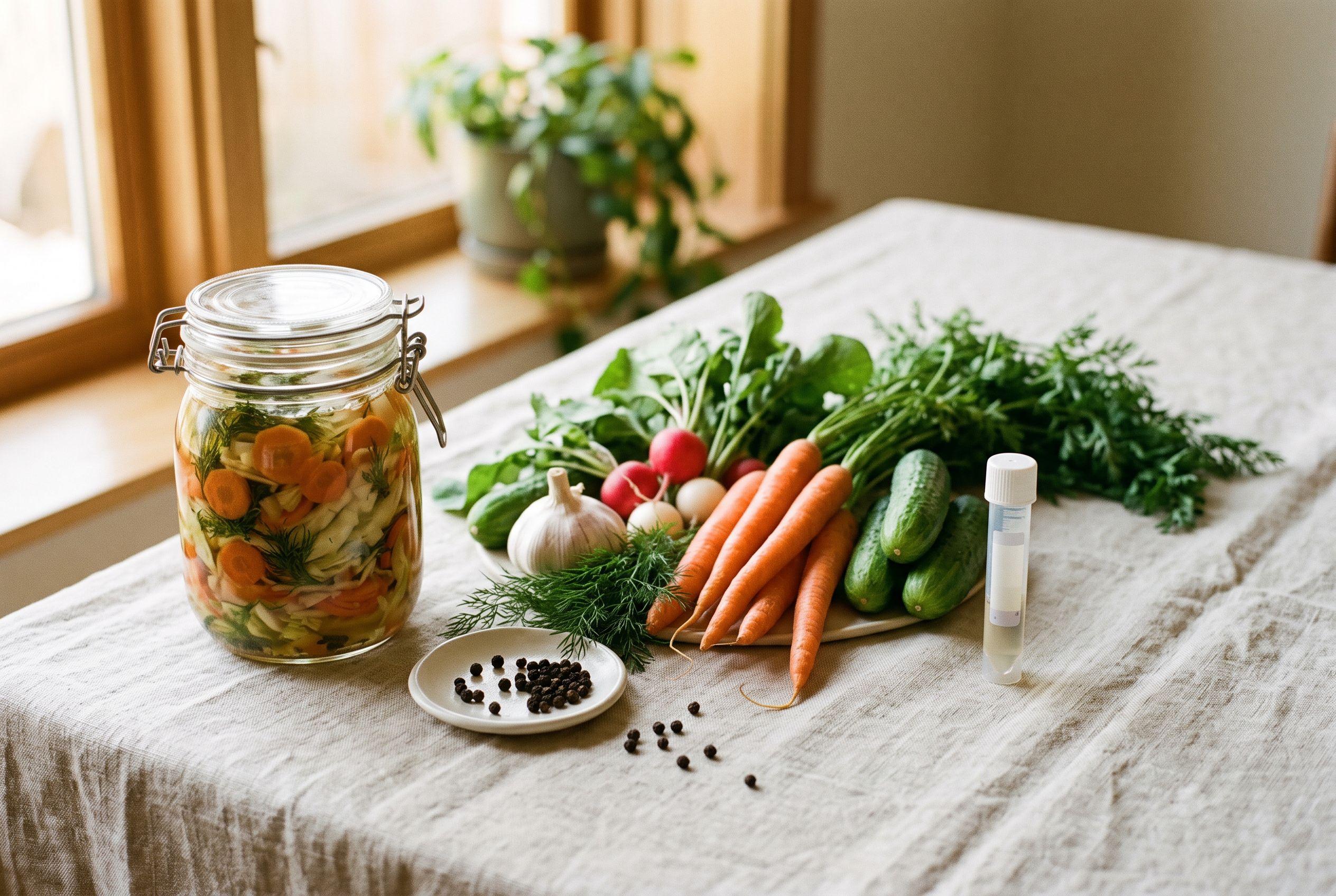 Un tarro de verduras fermentadas junto a productos frescos y un tubo de muestra sobre lino color crema bajo luz suave de ventana