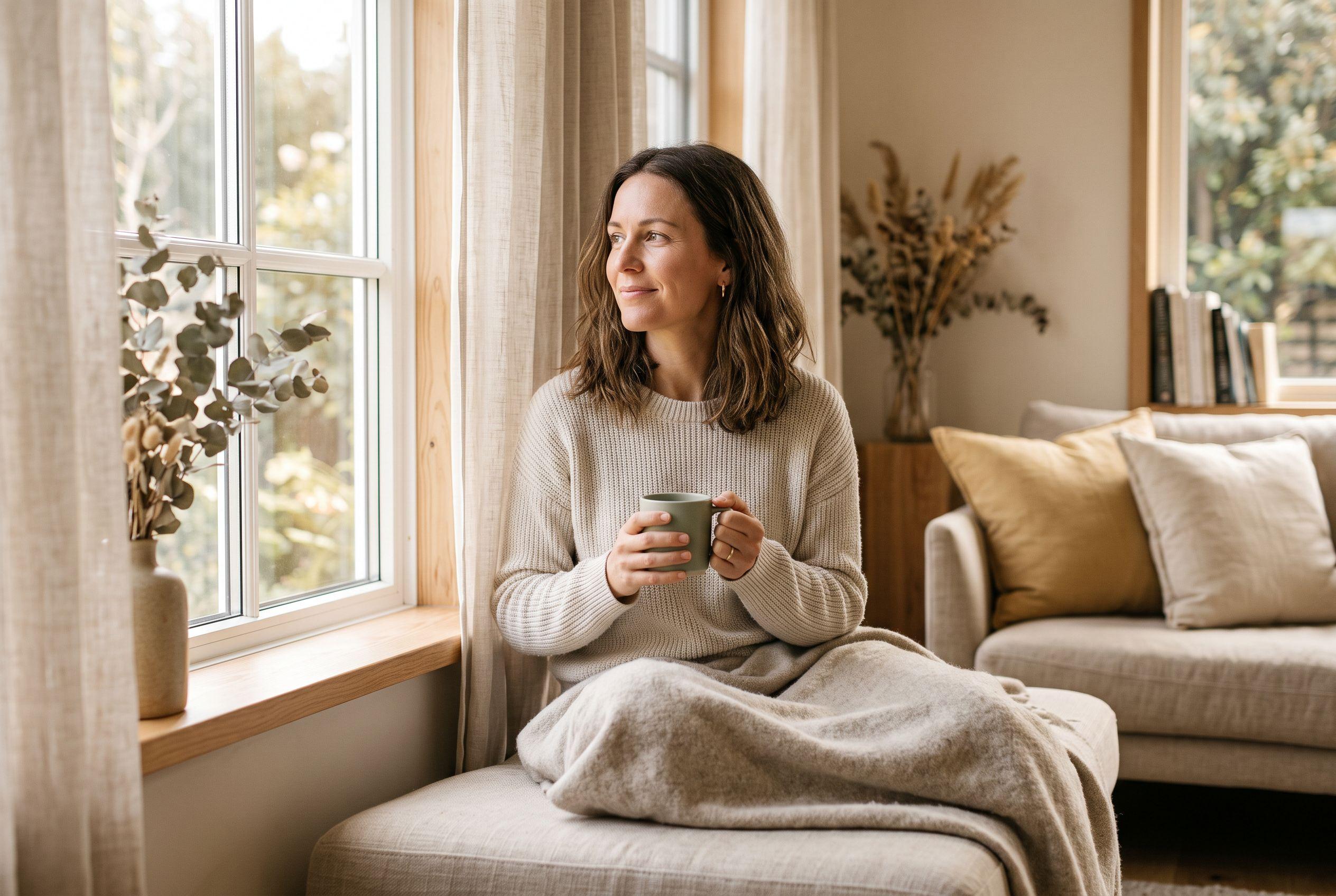 A woman in her forties sitting at a kitchen table with a glass of water and a notebook, in soft natural light.
