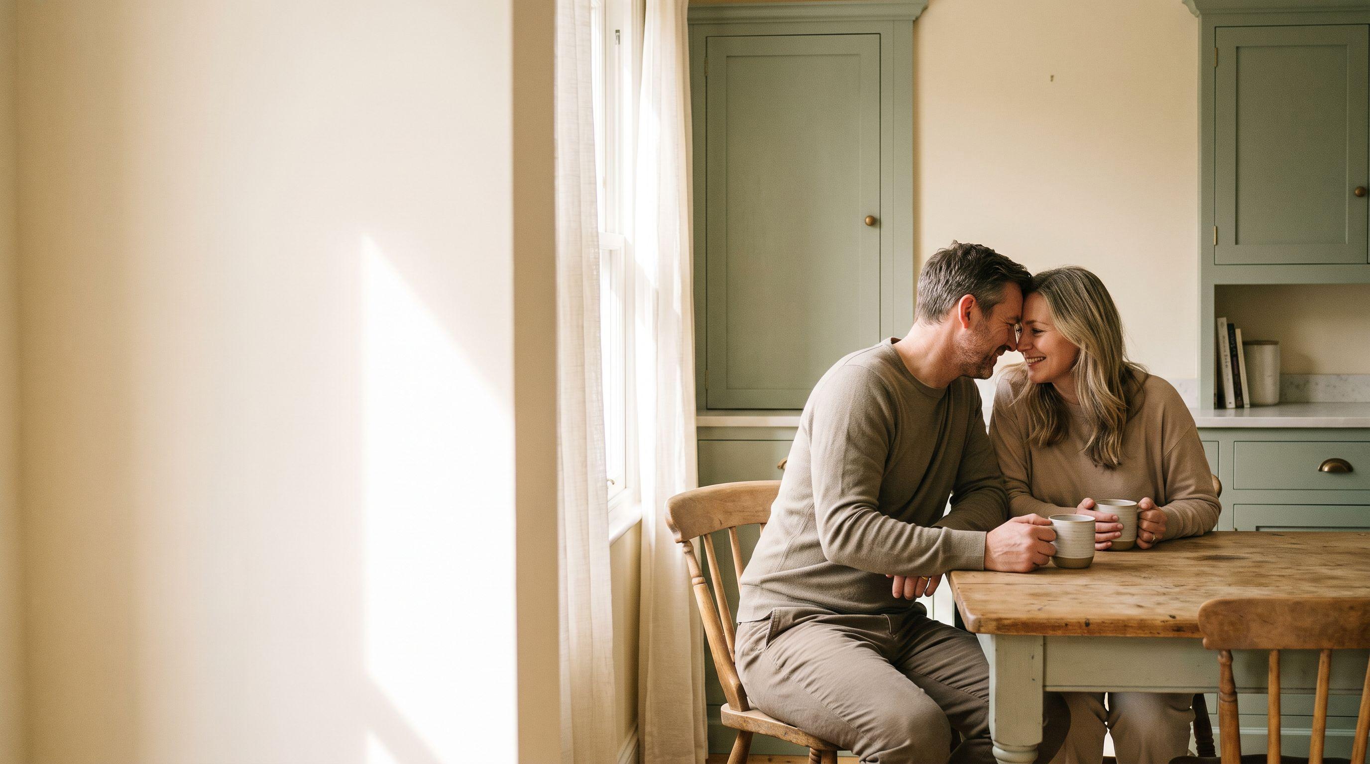 Una pareja de unos cuarenta años sentada junta a la mesa de la cocina con café, las frentes juntas, bajo la luz suave de la mañana