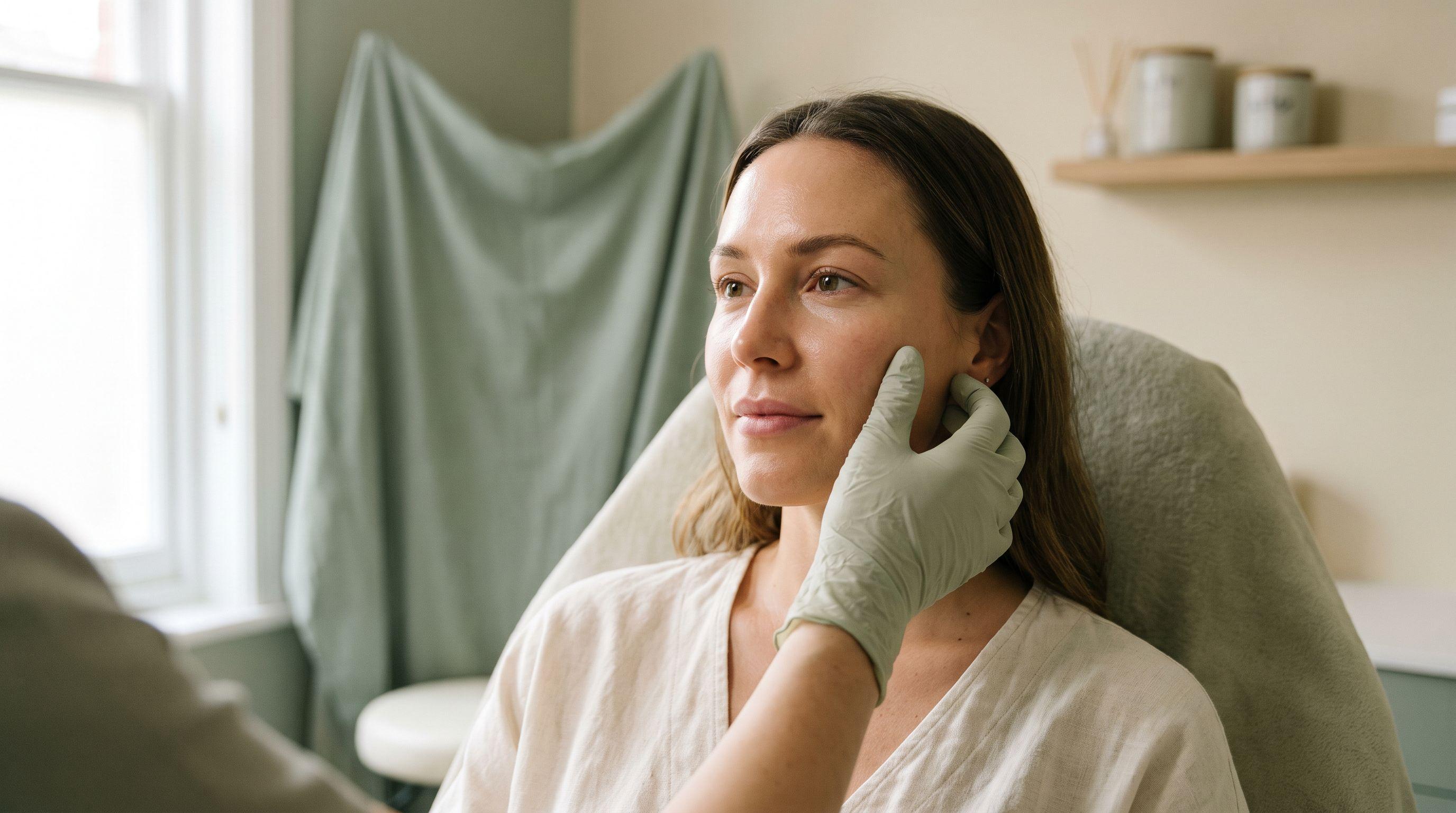 Close-up of a woman's face during a refined aesthetic consultation, a gloved hand gently assessing her cheekbone in soft studio light