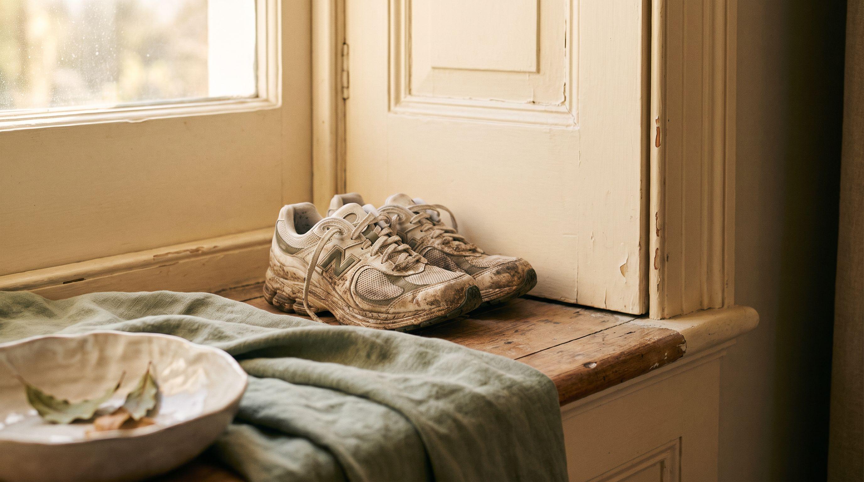 Un par de zapatillas de correr muy usadas junto a una puerta, bajo la luz suave de primera hora, ante una pared color crema