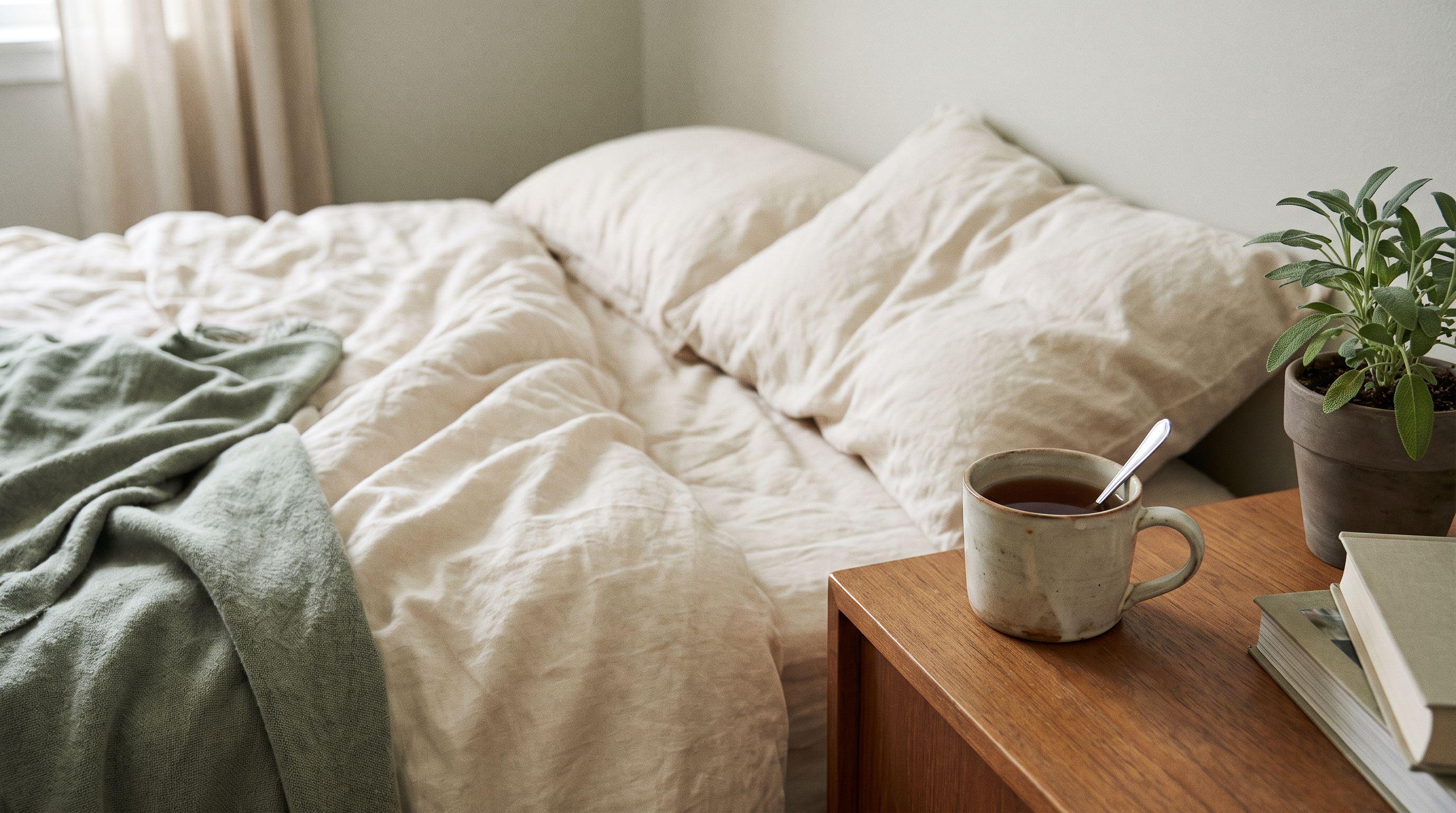 A half-finished mug of tea on a bedside table beside rumpled cream bedding in soft late-morning light