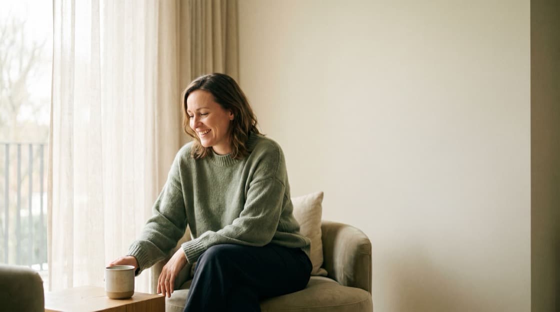 A calm woman in her forties by a sunlit window
