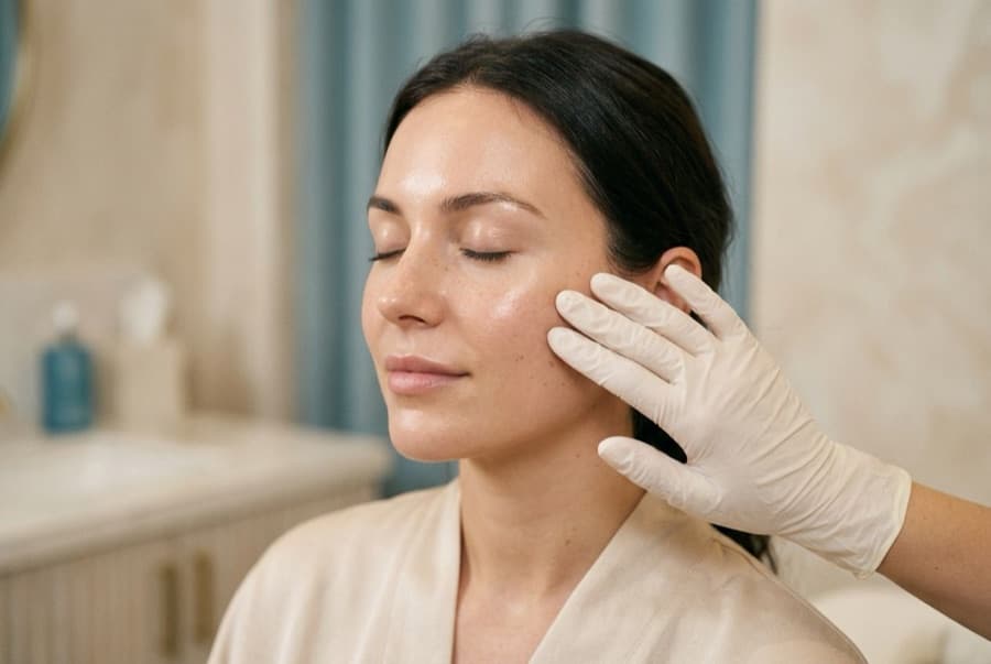 Close-up of glowing, healthy skin during a refined aesthetic consultation