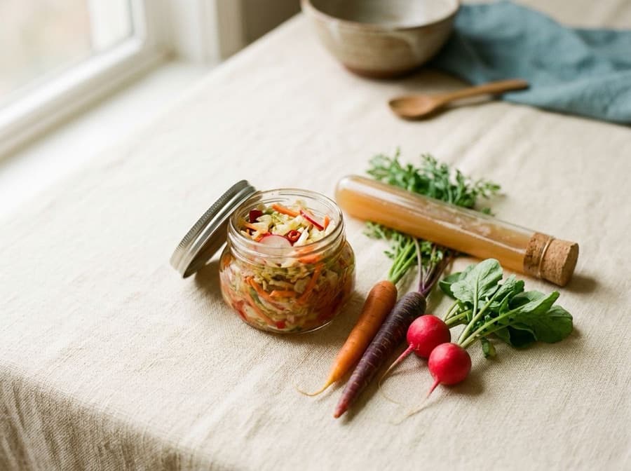 A jar of fermented vegetables, fresh produce and a lab sample tube on a linen table