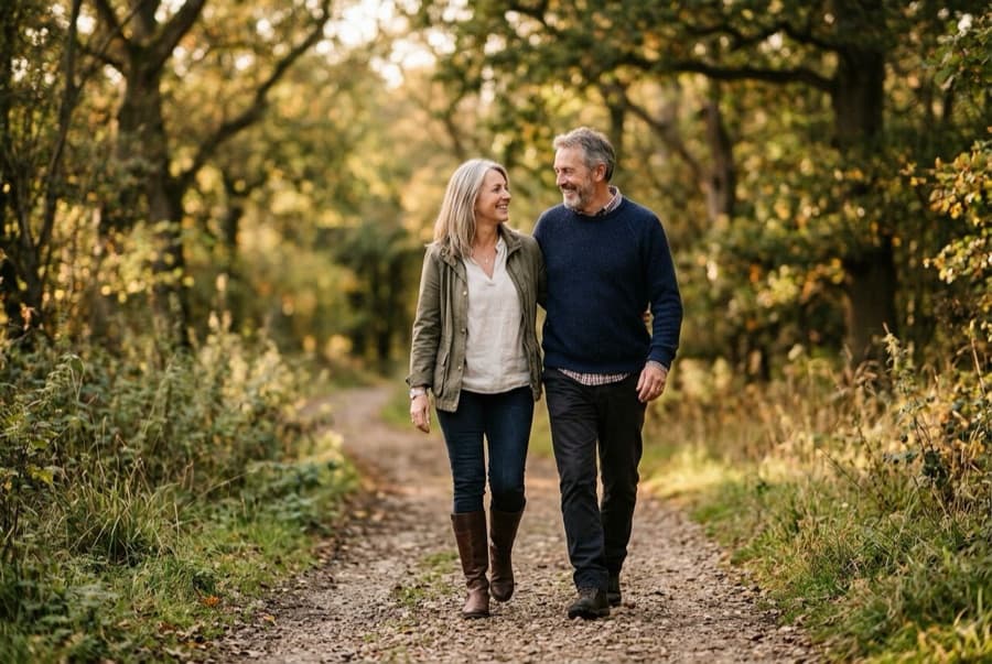 A healthy, energetic mature couple walking outdoors in golden light