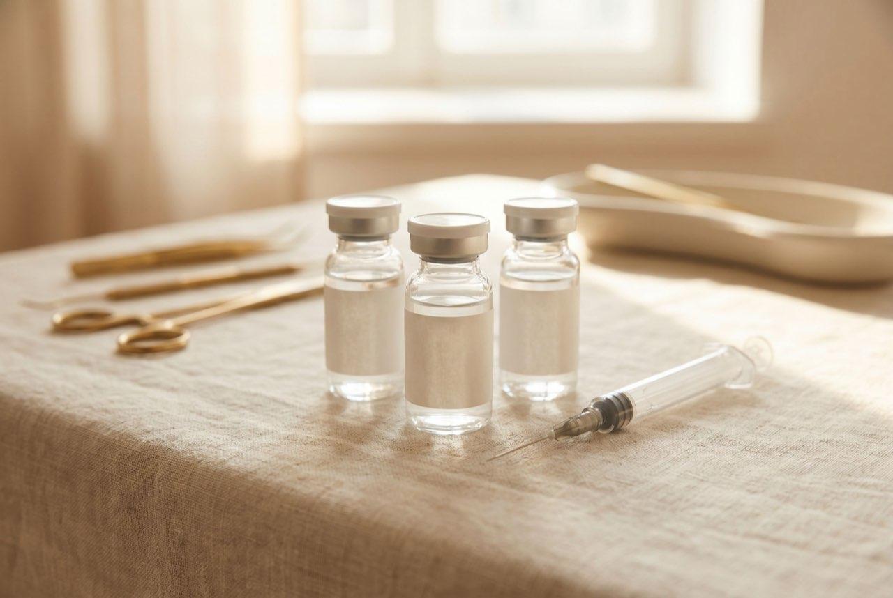 Labeled GLP-1 and peptide vials with a syringe on a linen surface