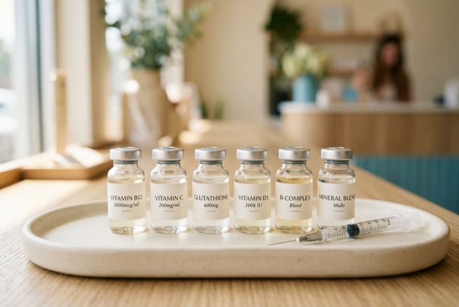 Labeled vitamin injection vials and a syringe on a tray in a wellness studio