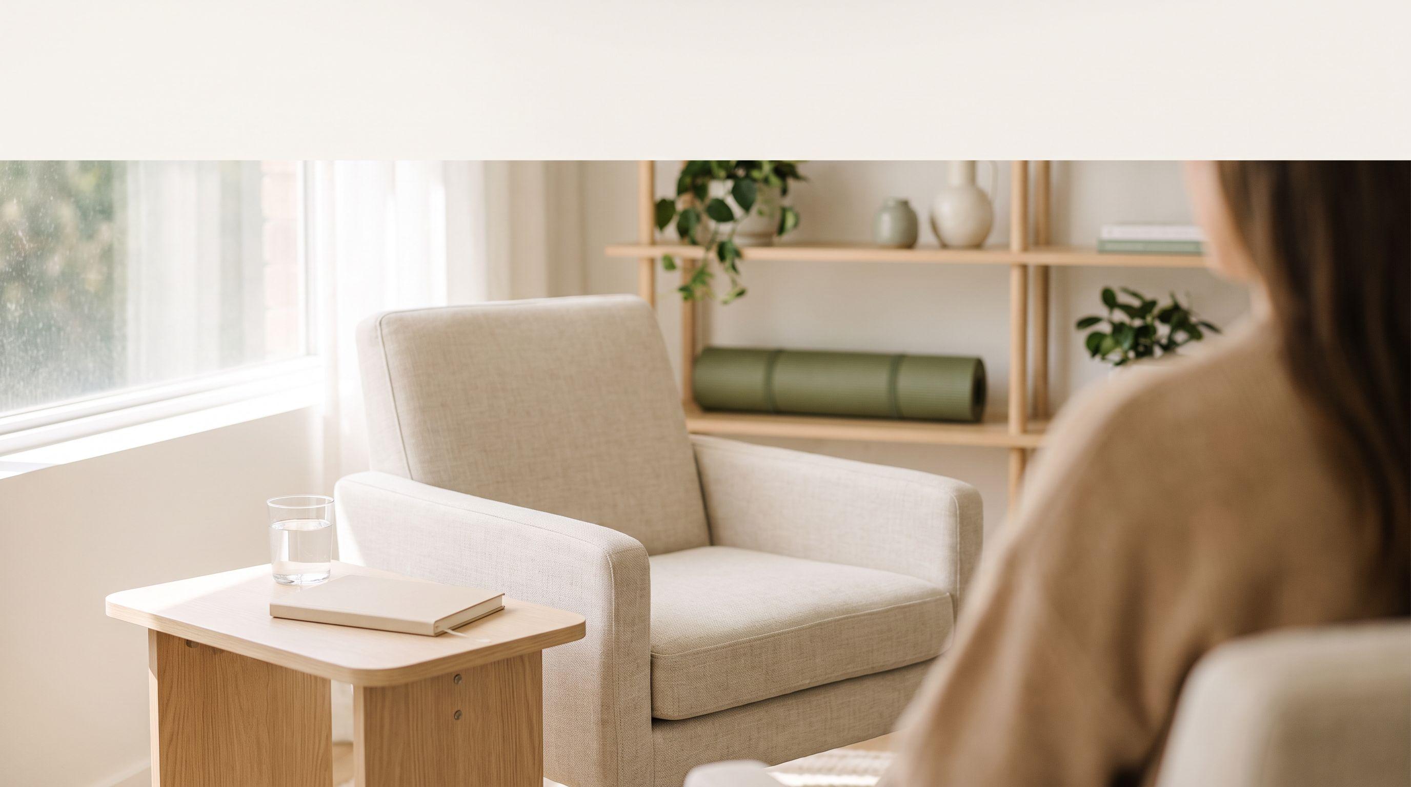 Sunlit clinic waiting area with a linen armchair, a side table holding a glass of water and a blank notebook, and a rolled yoga mat on pale wood shelving.