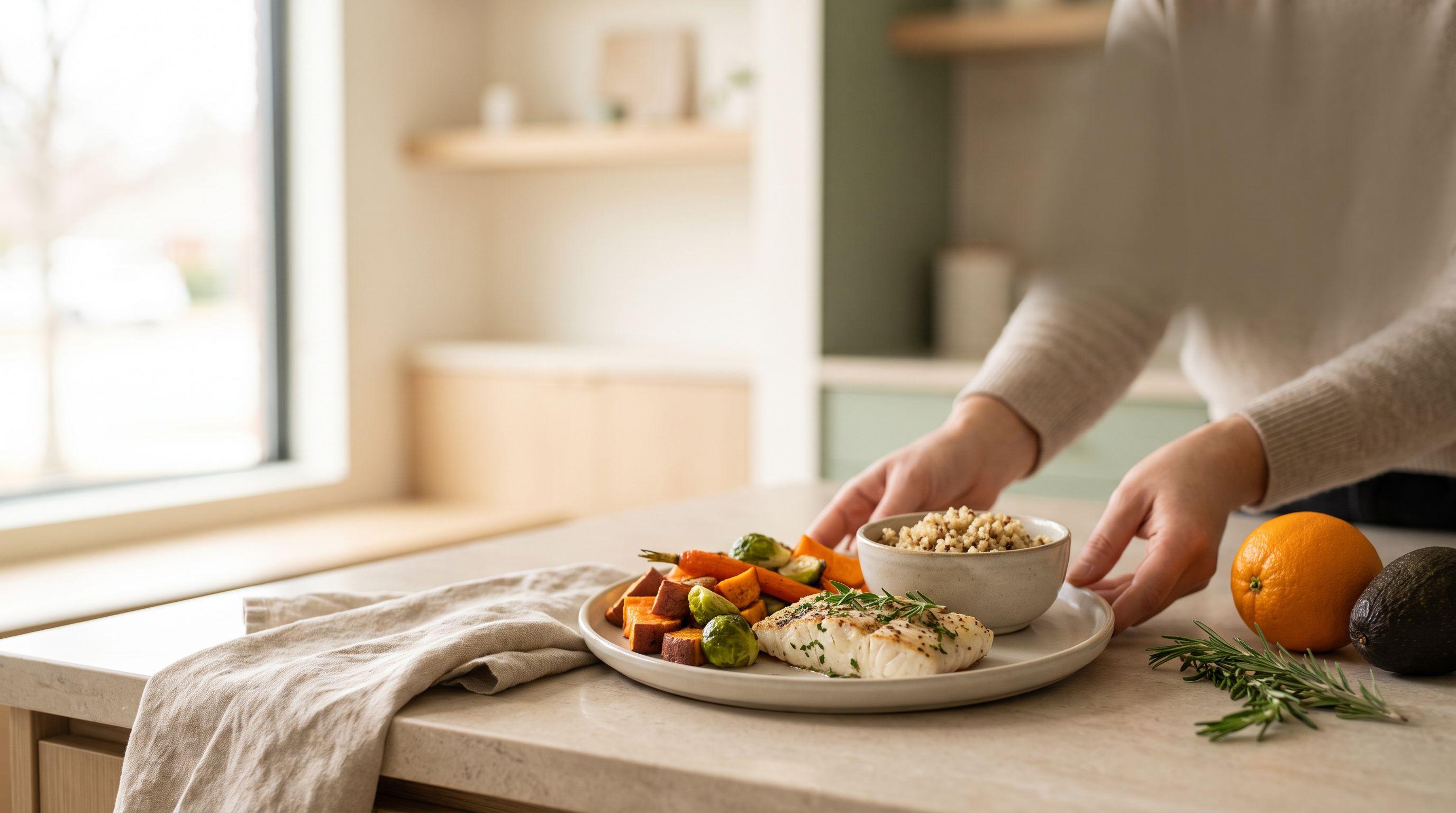 Manos colocando un plato de pescado a la plancha, verduras asadas y un bol de granos sobre una encimera de piedra clara, junto a fruta fresca, con luz natural suave.