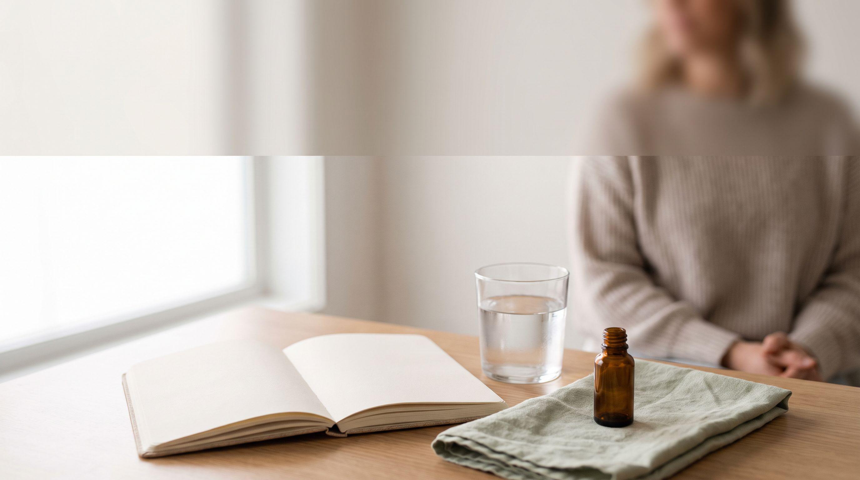 Un escritorio de consulta tranquilo con luz suave de la mañana, un cuaderno abierto en blanco, un vaso de agua y un pequeño frasco ámbar sin marca sobre una tela de lino verde salvia.