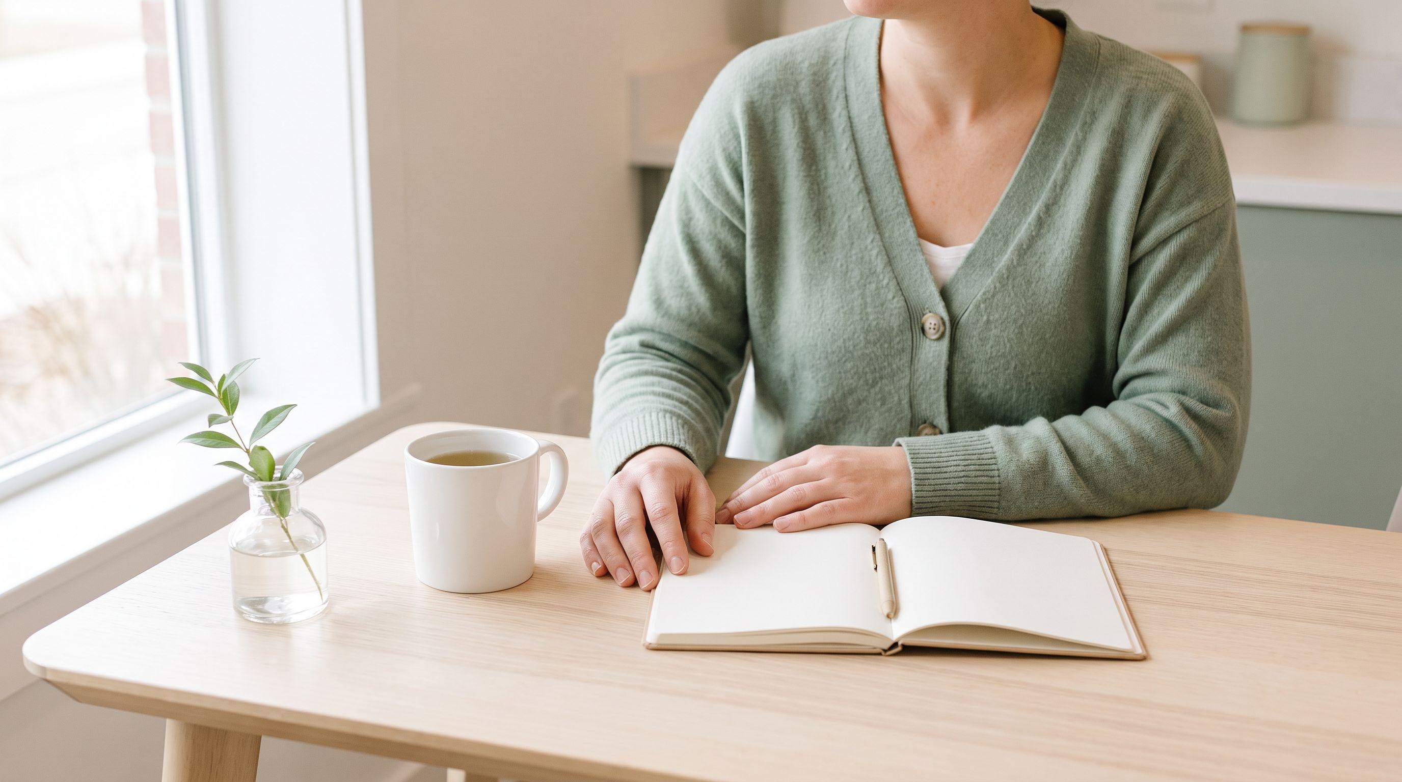 Escritorio de consulta tranquilo junto a una ventana luminosa, con un cuaderno abierto en blanco, un bolígrafo, una taza blanca de té de hierbas y una ramita verde sobre madera clara.