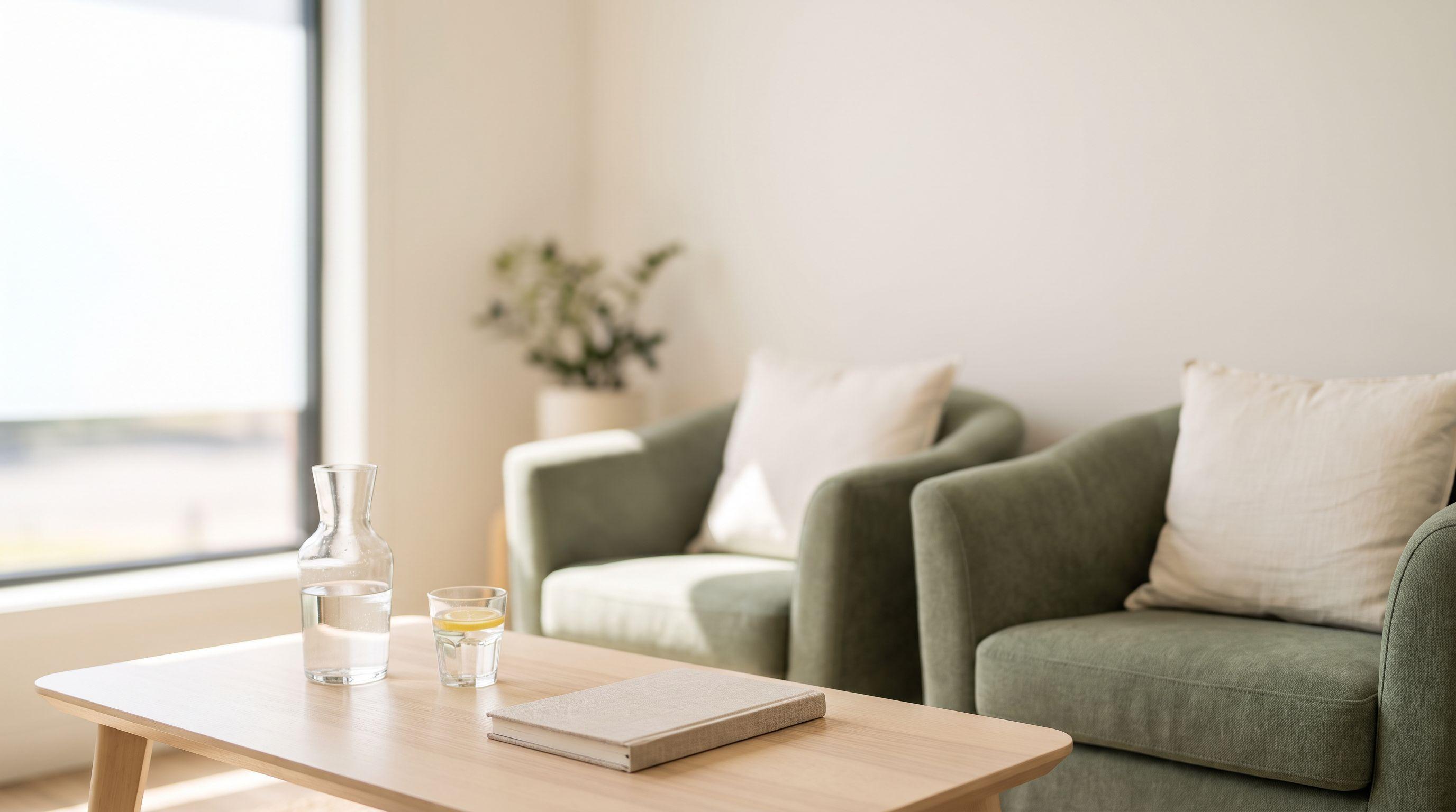 Sala de espera de clínica com luz natural, poltronas verde-sálvia e mesa de madeira clara com jarra de água, copo com limão e um caderno fechado.