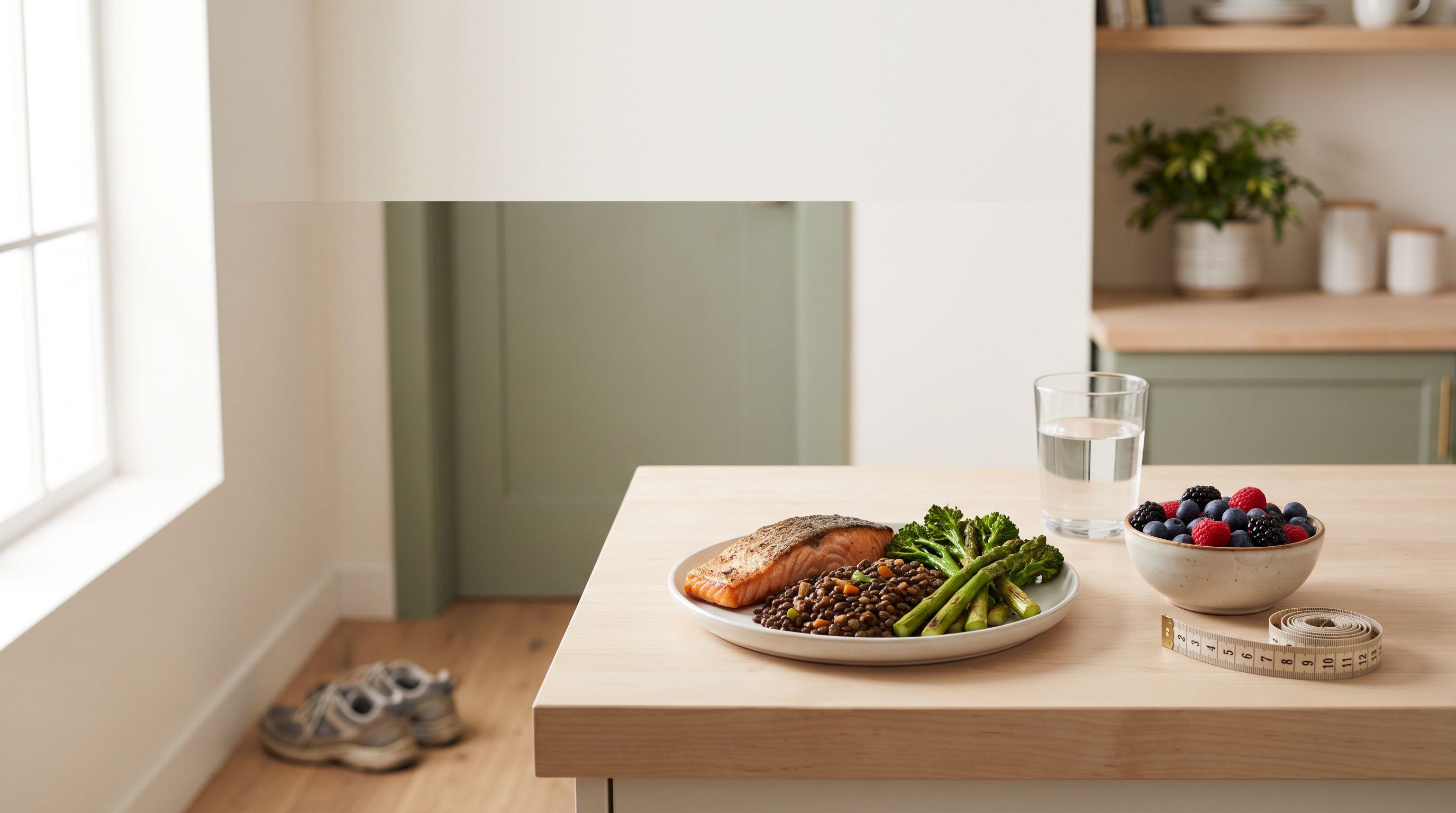 A plate of grilled salmon, lentils and green vegetables on a pale wood counter beside a bowl of berries, a glass of water and a coiled tape measure, with walking shoes by a doorway.