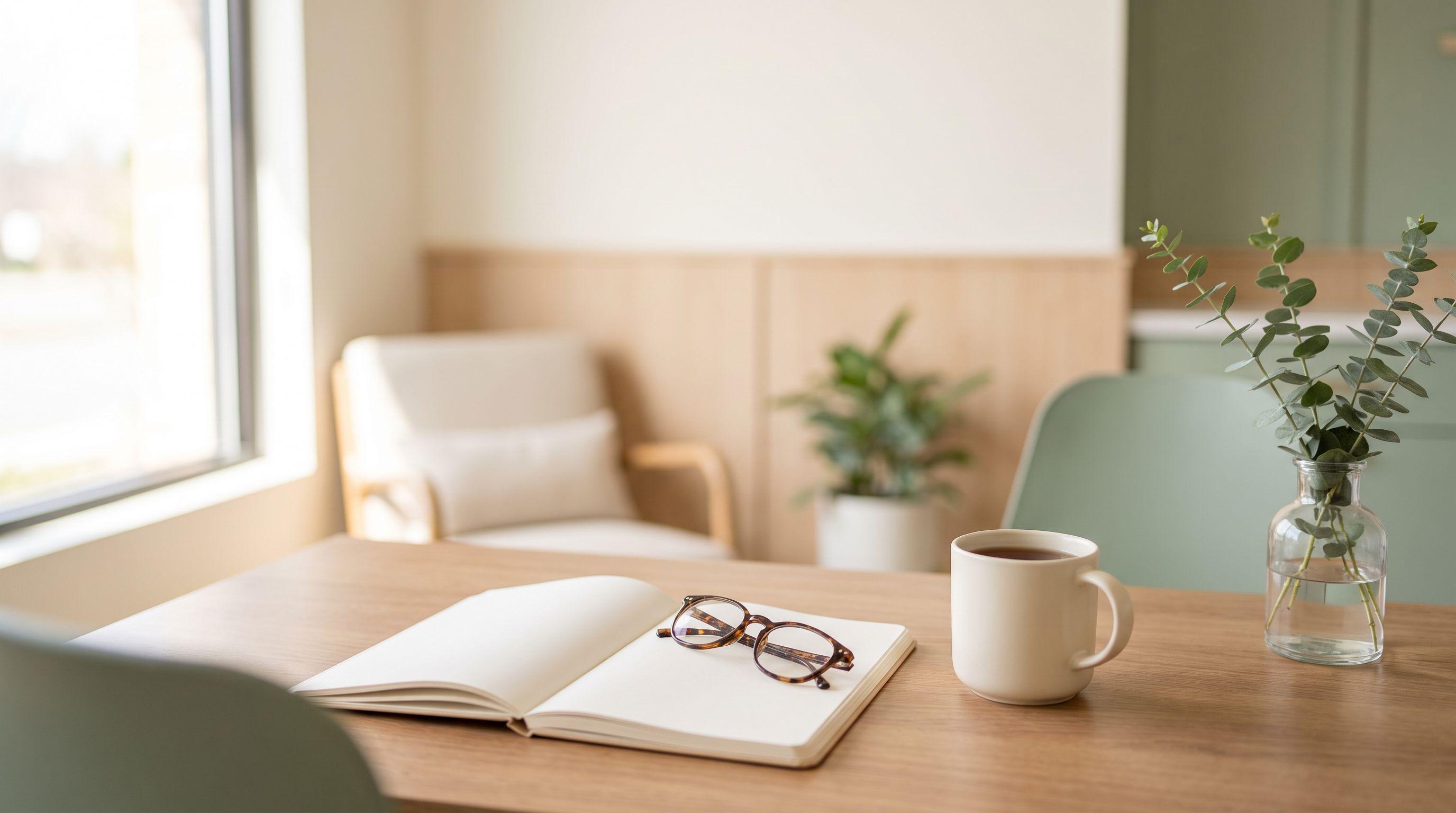 Escritorio de consulta tranquilo con luz natural, cuaderno abierto en blanco, gafas de lectura, taza de cerámica lisa y jarrón de vidrio con eucalipto.