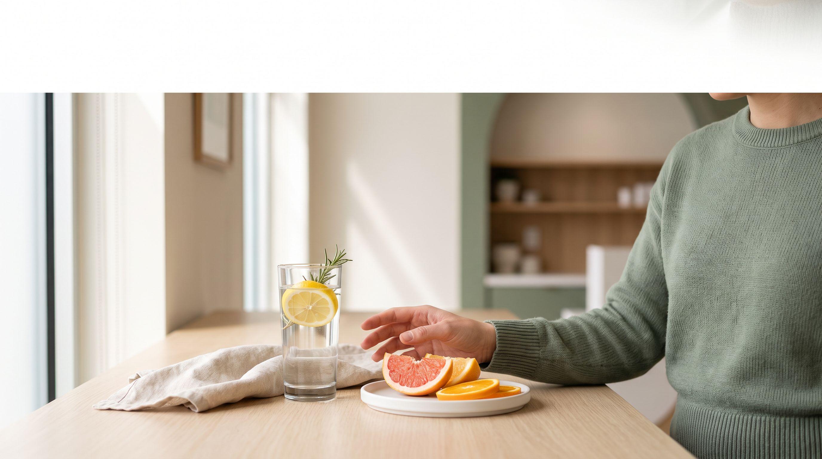 A tall glass of lemon water and a white dish of citrus slices on a pale wood counter in a sunlit clinic kitchen.