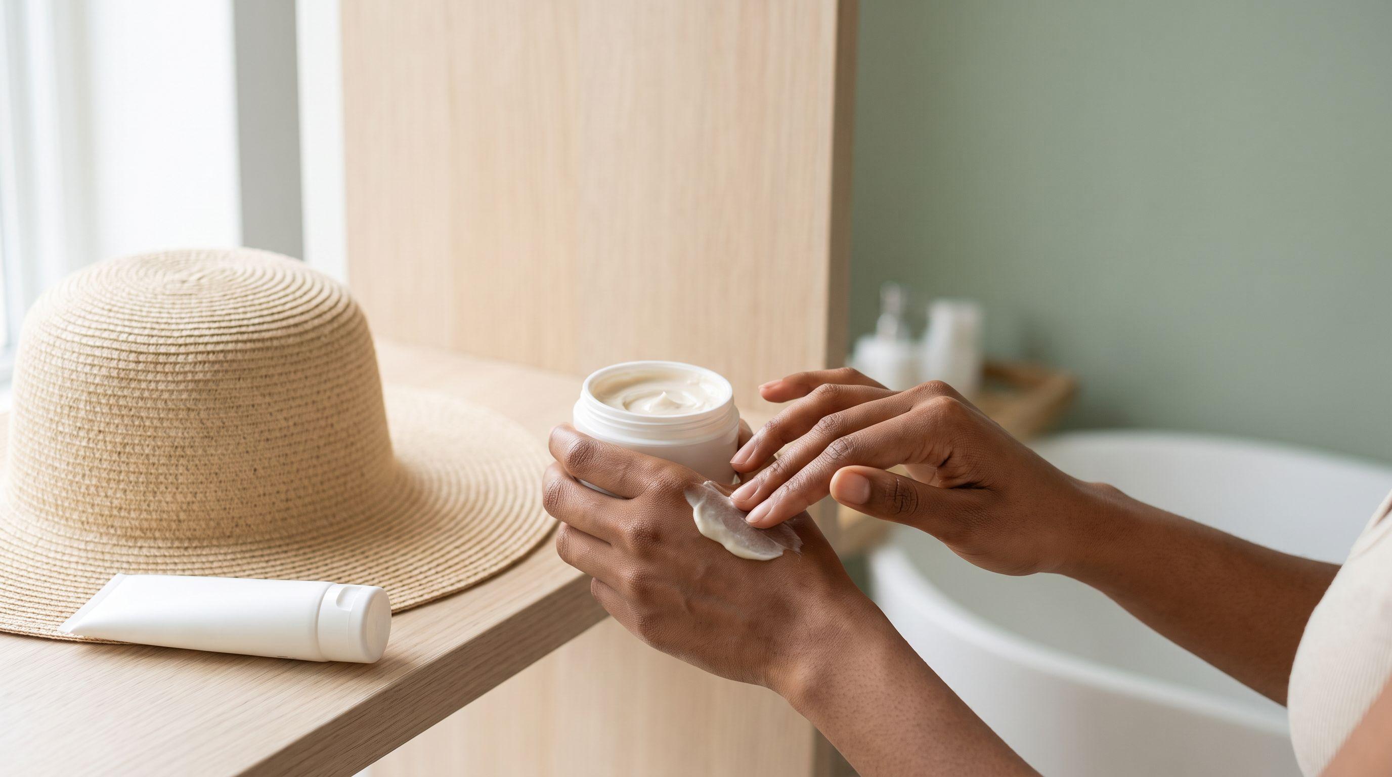 Close das mãos de uma pessoa de pele morena aplicando um creme sem marca de um pote branco liso, ao lado de um chapéu de palha sobre uma bancada de madeira clara.