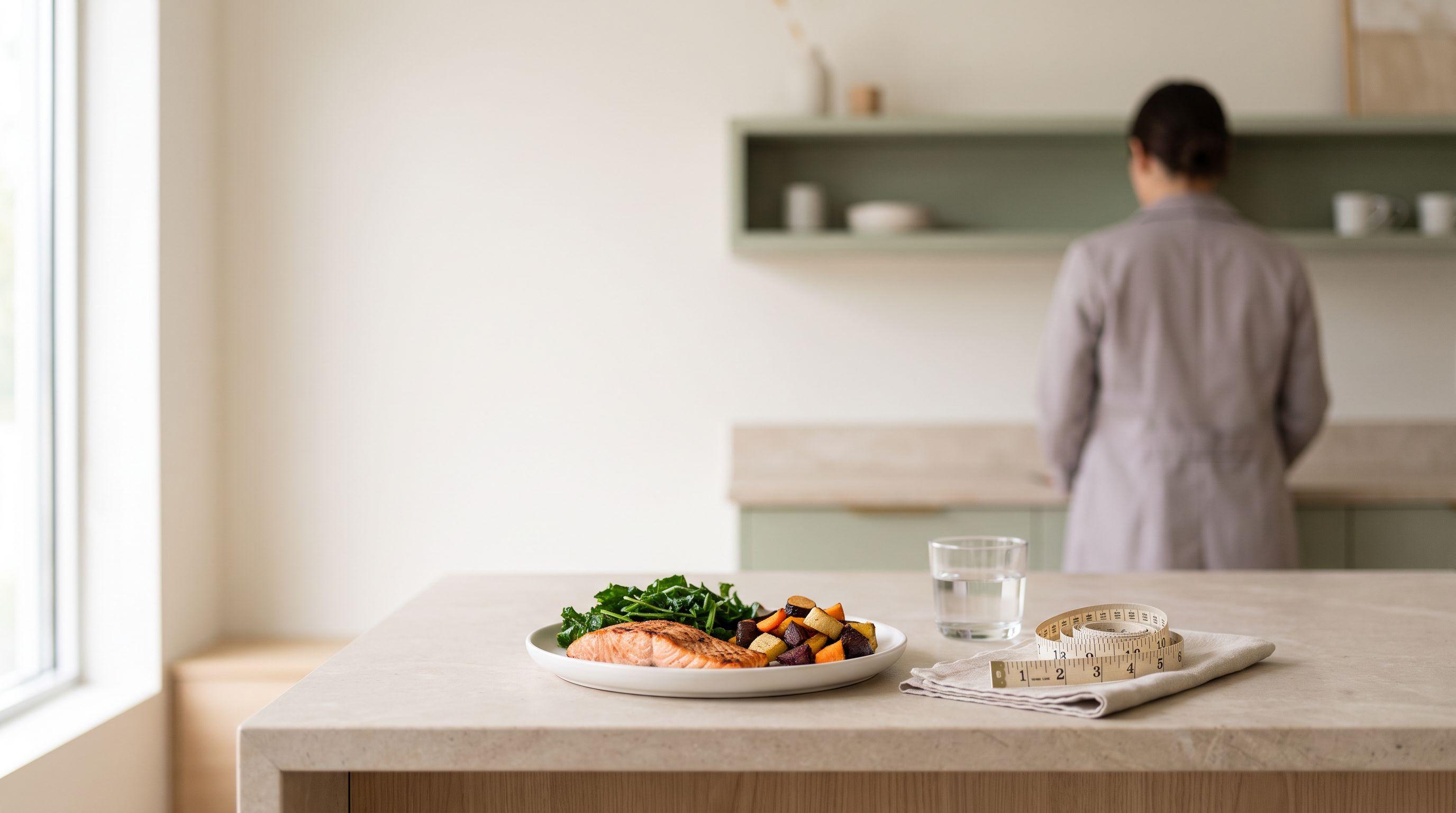 A grilled salmon fillet with greens and roasted vegetables on a light stone counter, beside a glass of water and a coiled cloth tape measure in a sunlit kitchen.