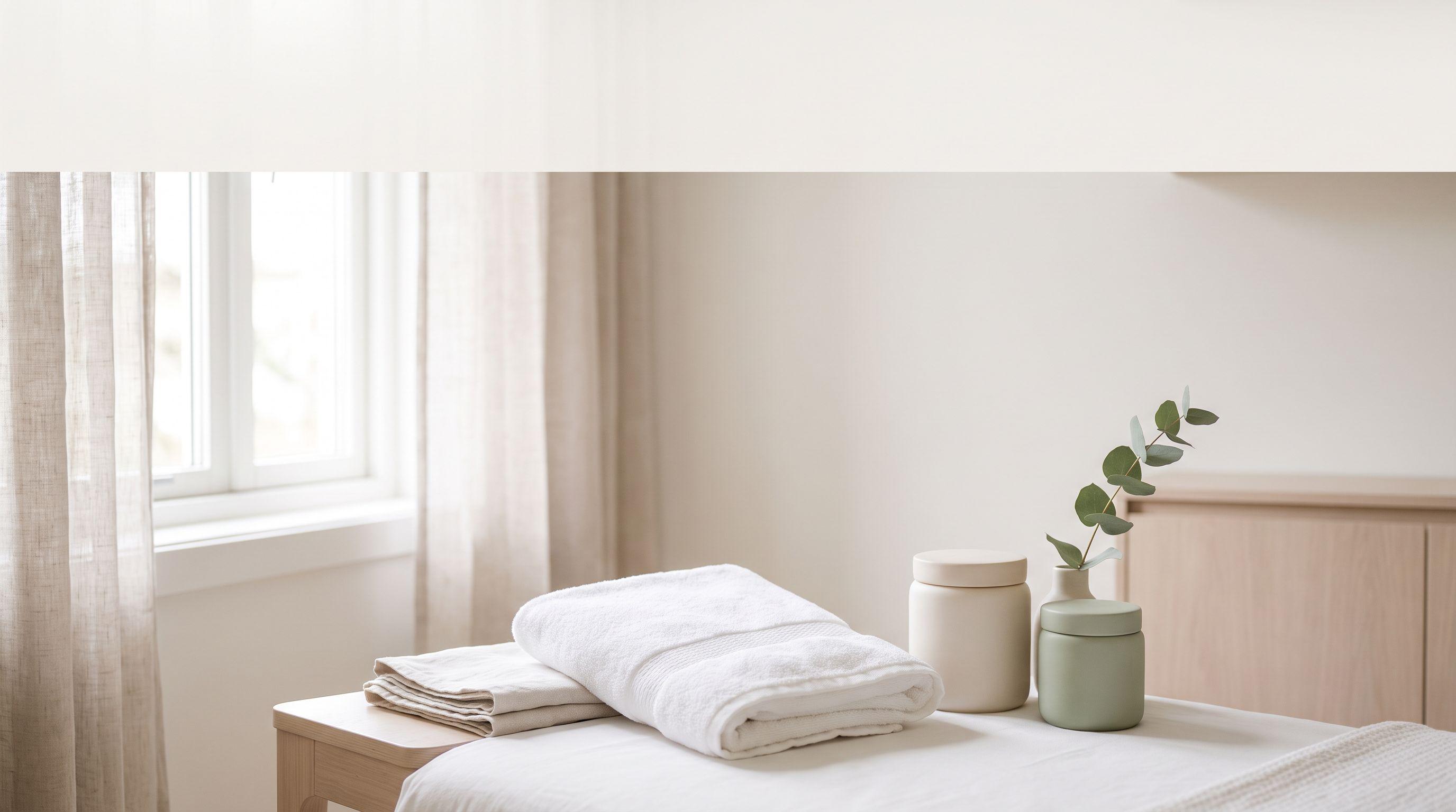 Sunlit aesthetics treatment room with a folded white towel and clean linens on the bed, two unbranded ceramic jars and a eucalyptus sprig on a pale wood table.