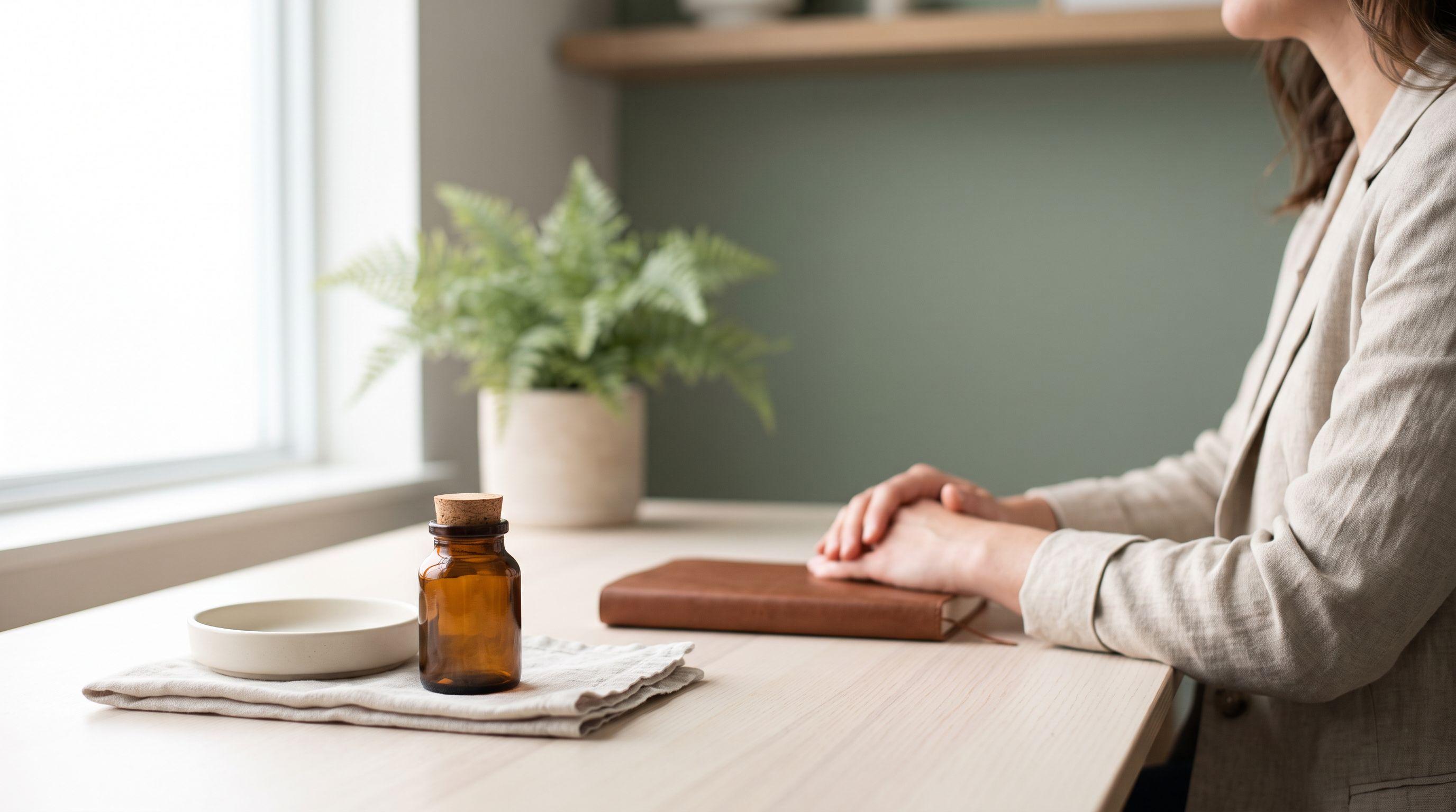 Sunlit clinic consultation desk with an unbranded amber glass vial on a linen cloth, a ceramic dish, a leather notebook and a patient's folded hands.