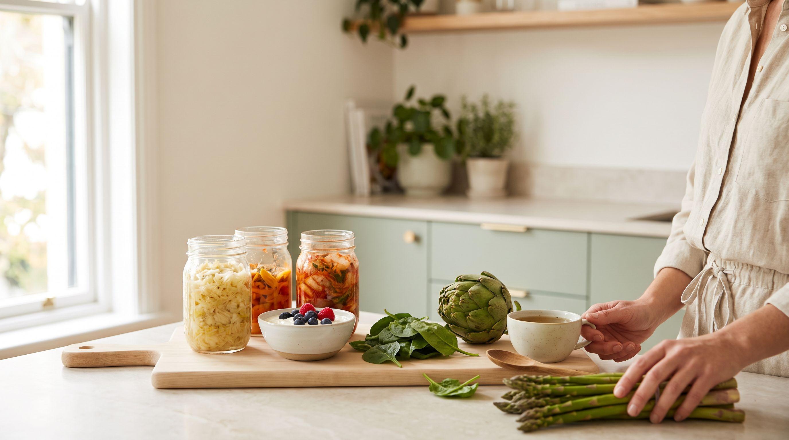 Tabla de madera clara sobre una encimera luminosa, con tarros de vidrio lisos de verduras fermentadas, un bol de yogur con frutos rojos, espinacas y una taza de té de hierbas.