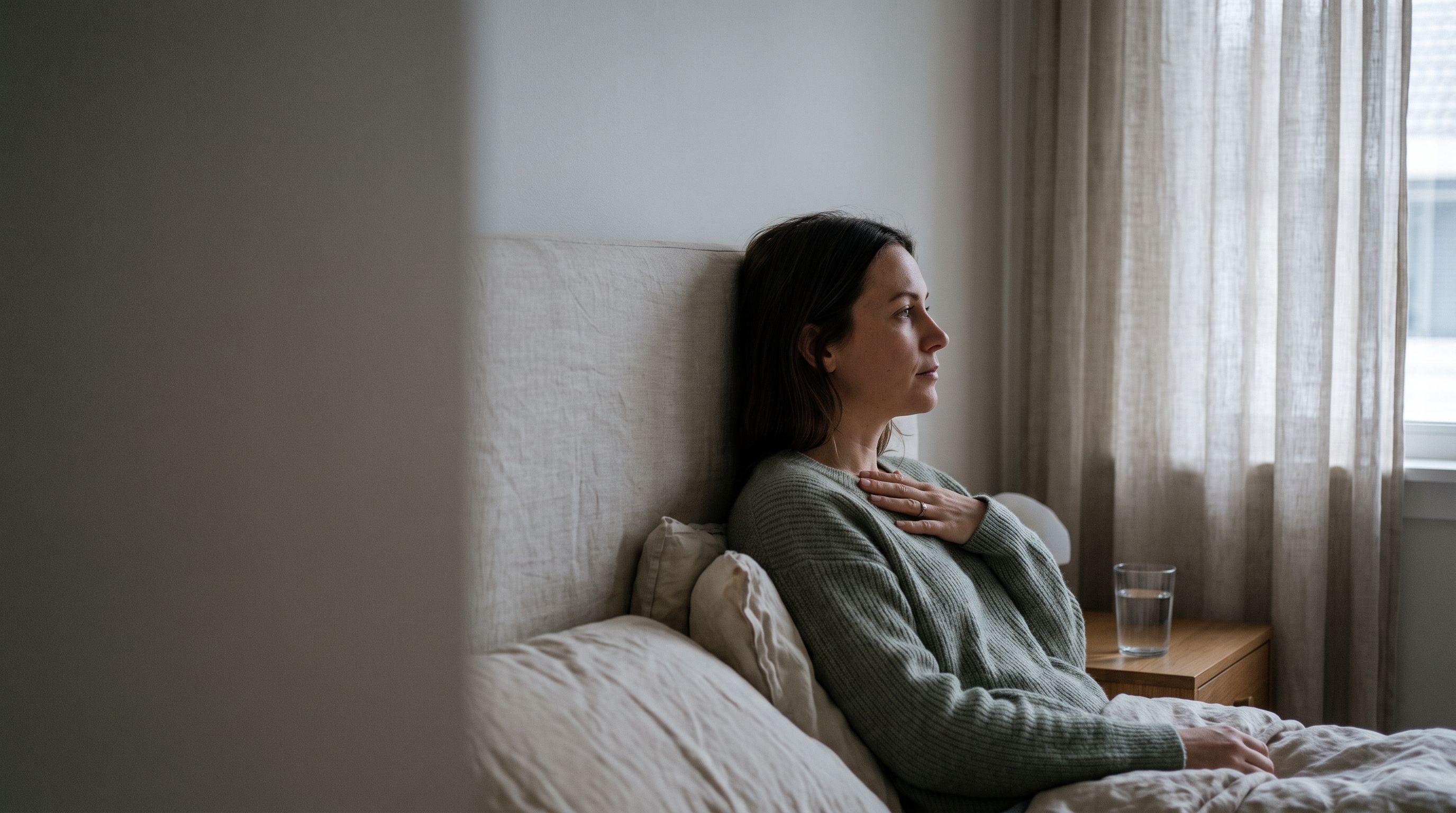 A woman sits propped against the headboard of her bed before dawn, one hand resting flat on her upper chest, a glass of water on the nightstand.
