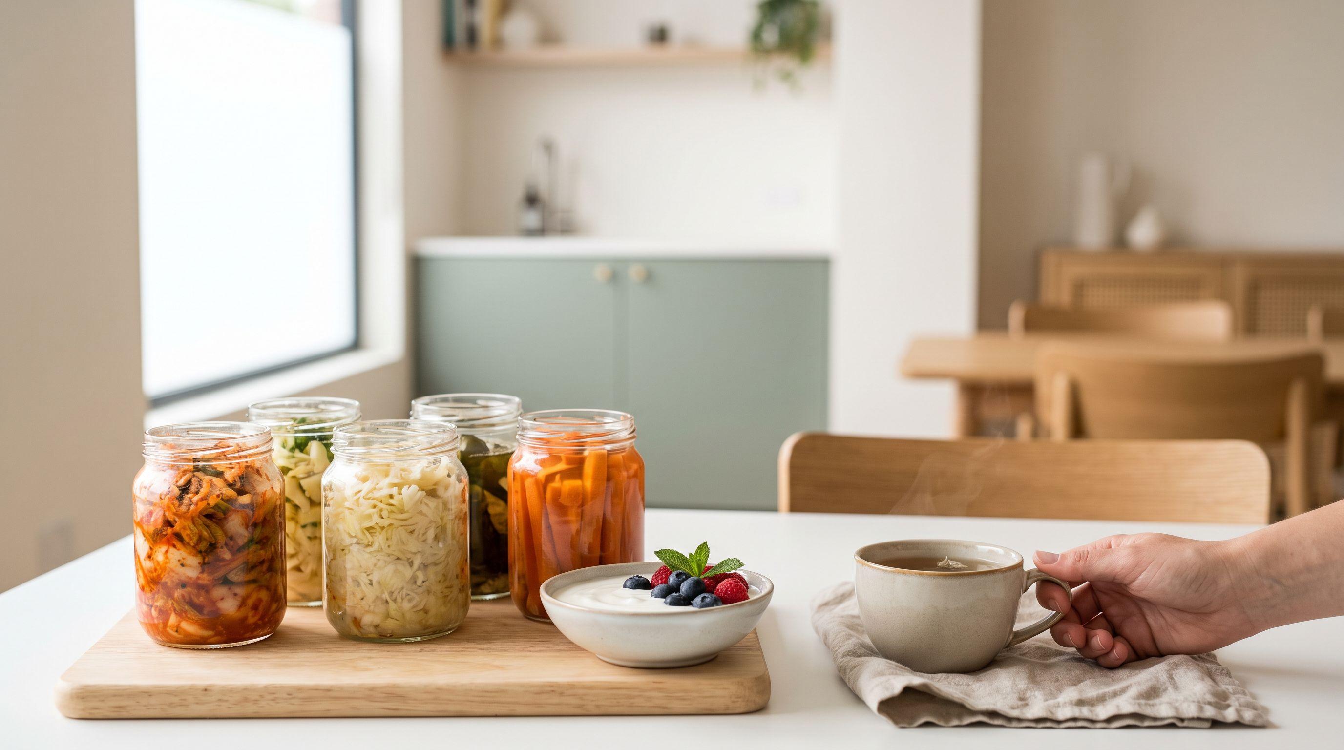 Frascos de vidrio con vegetales fermentados, un tazón de yogur natural con frutos rojos y una taza de té de hierbas sobre una tabla de madera clara en una cocina luminosa.