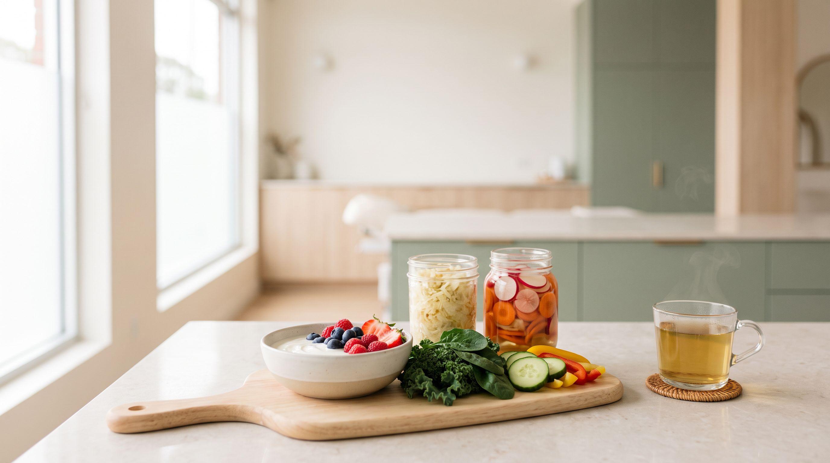 Una tabla de madera con yogur natural y frutos rojos, frascos de vegetales fermentados, hojas verdes y una taza de té de hierbas con luz suave.