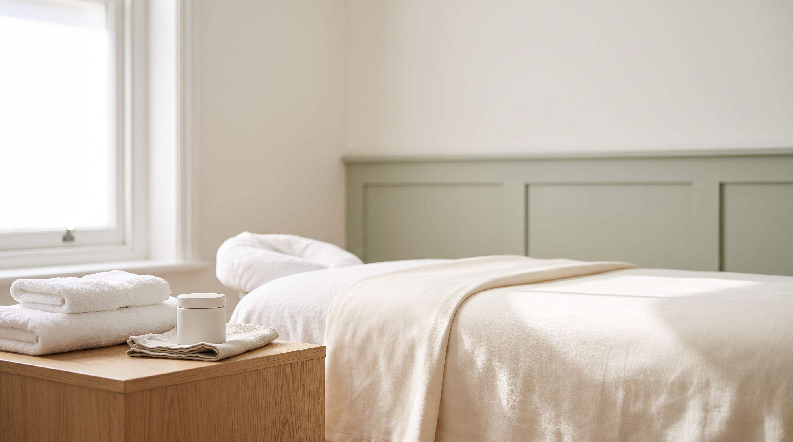 A calm, empty aesthetics treatment room in soft daylight, with a neatly made bed under a cream throw, folded white towels, a plain white jar and a linen cloth on a pale wood table.