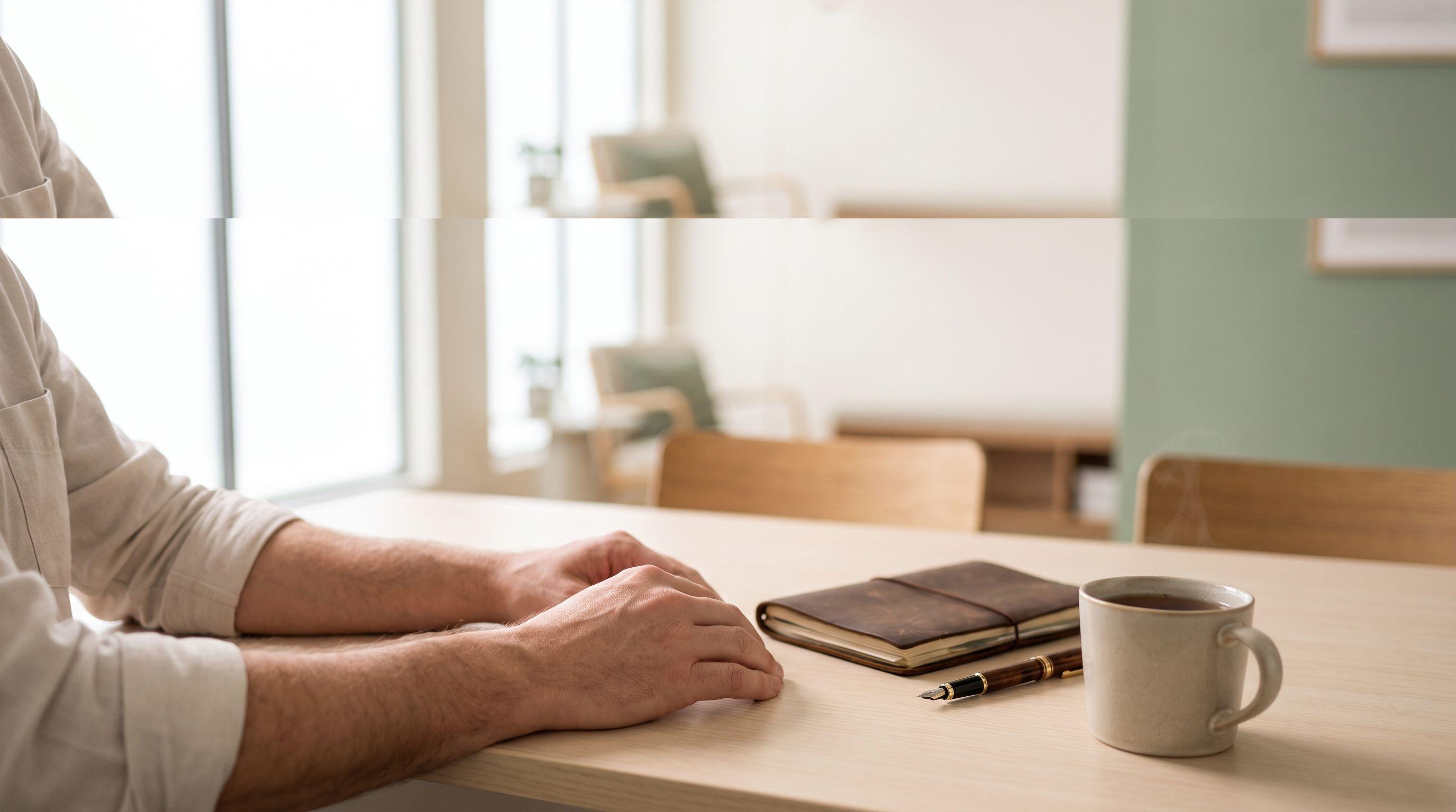 Antebrazos de un hombre apoyados en un escritorio de consulta de madera clara, junto a un cuaderno de cuero cerrado, una pluma y una taza de té, bajo luz natural suave.