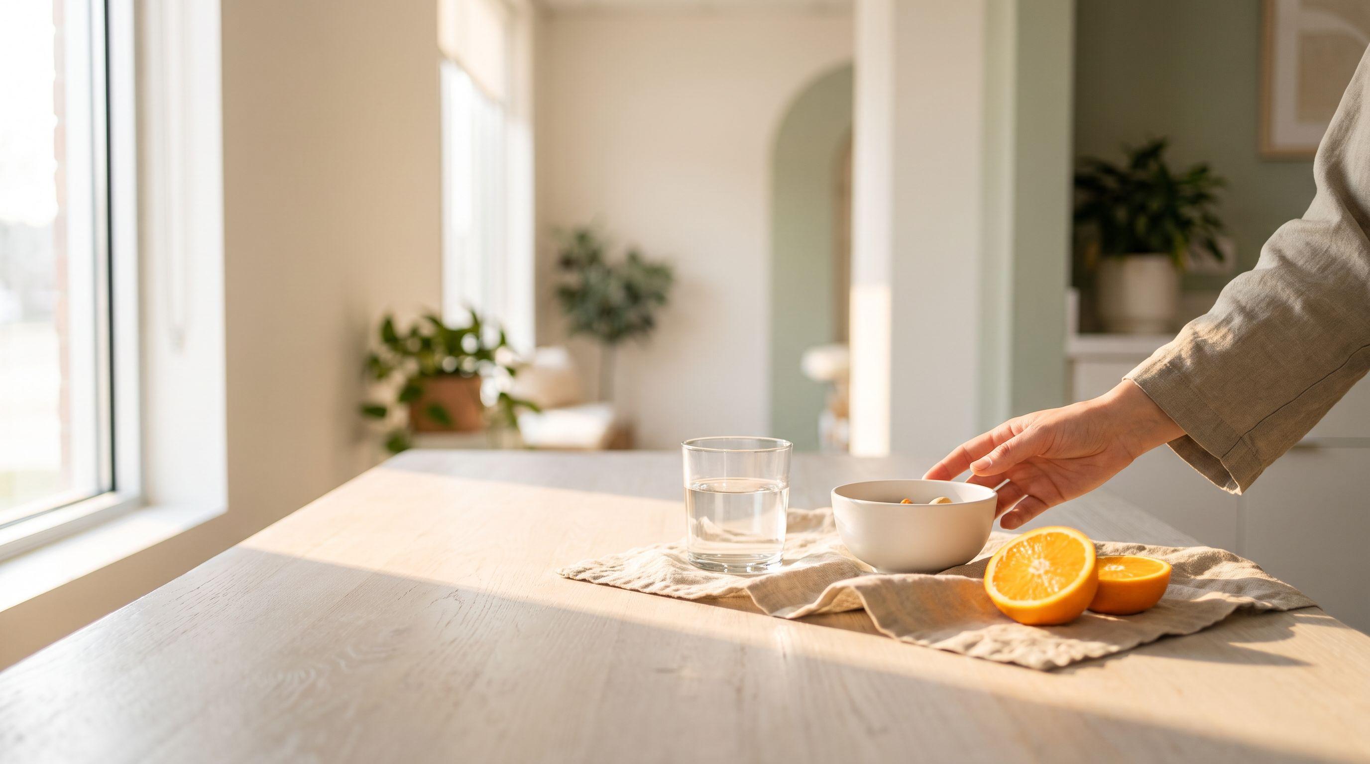 Luz da manhã sobre uma mesa de madeira clara junto à janela, com um copo de água, metades de laranja sobre um pano de linho e uma mão alcançando uma tigela branca.