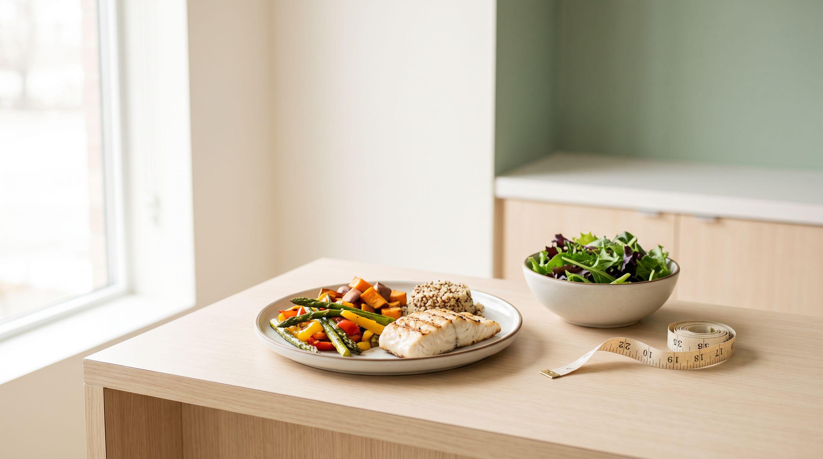 Plato equilibrado con pescado a la plancha, verduras asadas y granos sobre una encimera de madera clara, junto a un bol de hojas verdes y una cinta métrica enrollada, con luz natural suave.