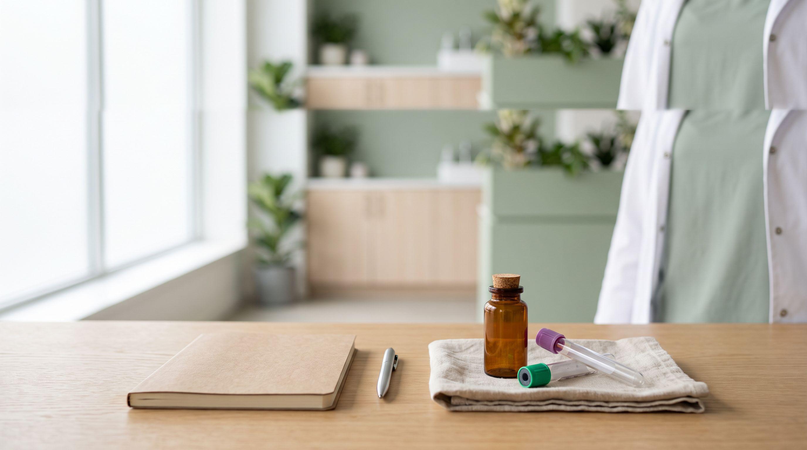 Unbranded amber glass vial and two capped blood collection tubes on folded linen beside a closed notebook and pen on a pale wood consultation desk in a sunlit clinic.