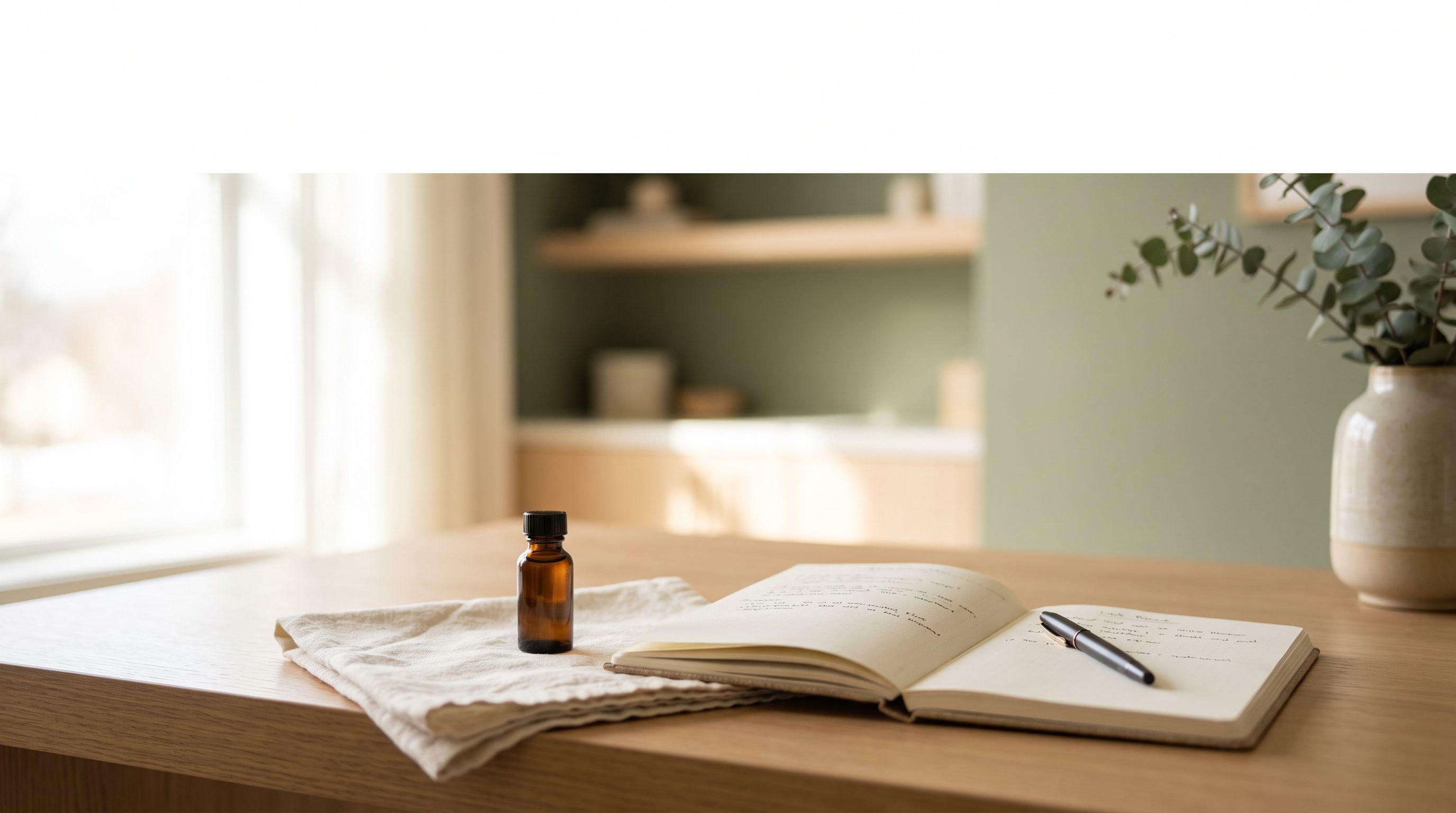 Mesa de consultório tranquila sob luz natural suave, com caderno aberto, caneta e um pequeno frasco âmbar sem marca sobre um pano de linho dobrado.